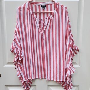 a.n.a. Red and White Striped Top Ruffled Caftan Sleeves Size Large